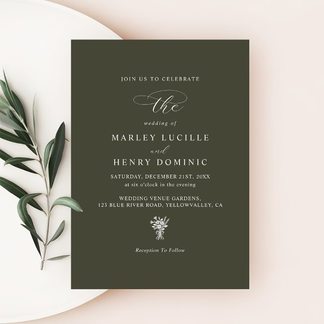 Invitación Dark Olive Green Formal Modern Typography Wedding (Subido por el creador)
