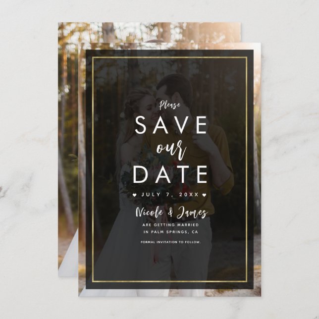 Invitación Dark Photo Gold Tint Overlay Modern Save the Date (Anverso / Reverso)