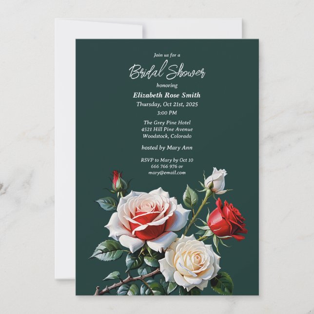 Invitación Dark Pretty pink white red roses bridal shower (Anverso)