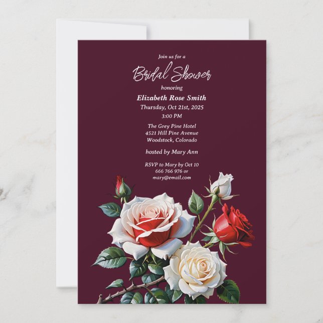 Invitación Dark Pretty pink white red roses bridal shower (Anverso)