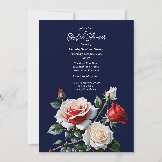 Invitación Dark Pretty pink white red roses bridal shower (Anverso)