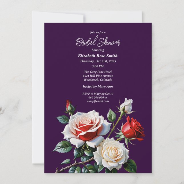 Invitación Dark Pretty pink white red roses bridal shower (Anverso)