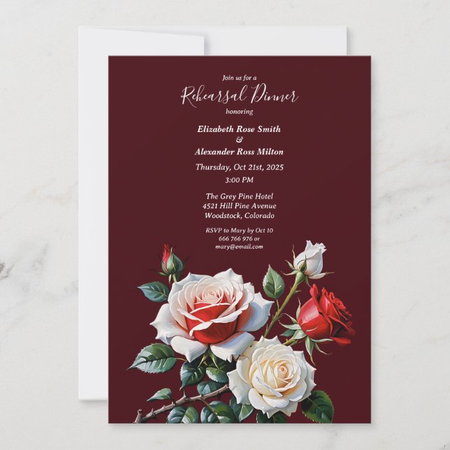 Invitación Dark Pretty pink white red roses Rehearsal dinner (Anverso)