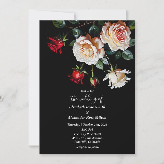 Invitación Dark Pretty Red pink white roses floral wedding (Anverso)