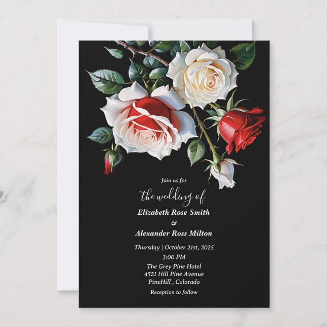 Invitación Dark Pretty white red pink roses floral wedding (Anverso)