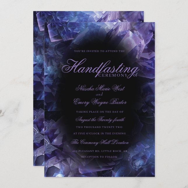 Invitación Dark Purple Boho Witch Crystals Black Handfasting (Anverso / Reverso)