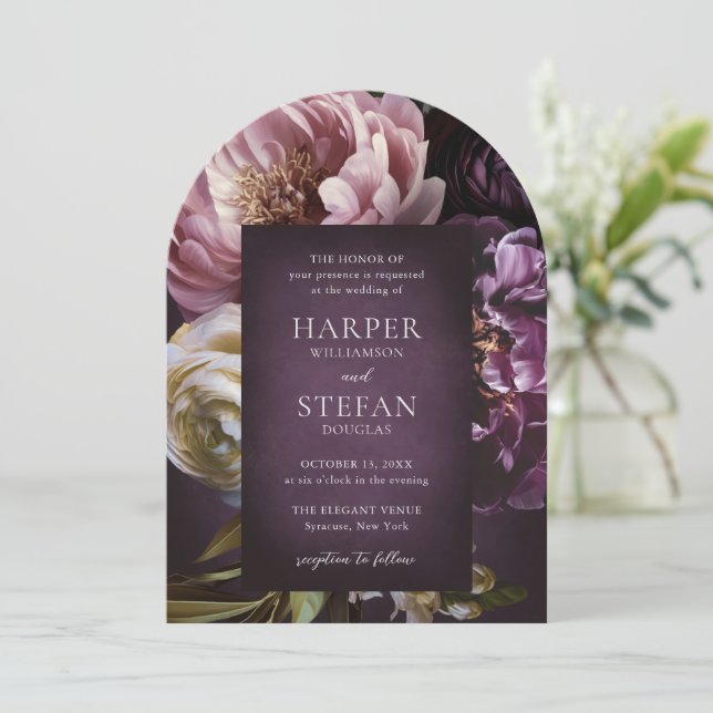 Invitación Dark Purple Fine Art Floral Elegant Wedding (Anverso de pie)