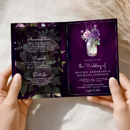 Invitación Dark Purple Floral Mason Jar QR Code Moody Wedding