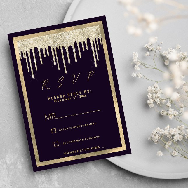 Invitación Dark purple gold luxury glitter drips RSVP (Dark purple gold luxury glitter drips RSVP )