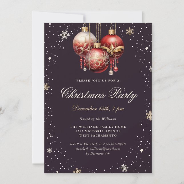 Invitación Dark Purple Gold Red Ornaments Christmas Party (Anverso)