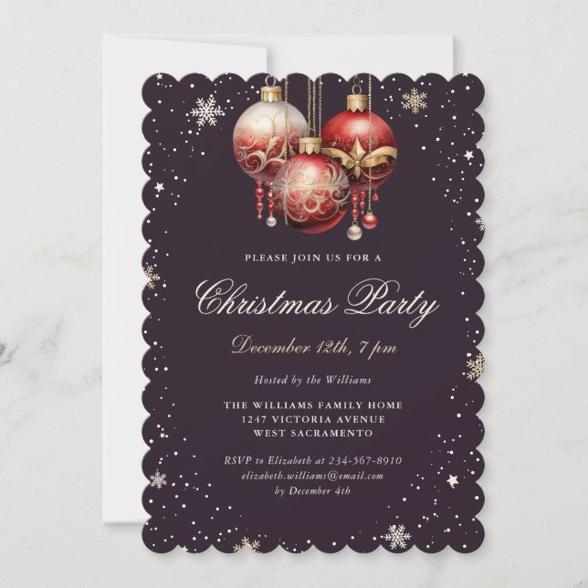 Invitación Dark Purple Gold Red Ornaments Christmas Party (Anverso)