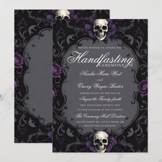 Invitación Dark Purple Gothic Boho Floral Skull Handfasting (Anverso / Reverso)