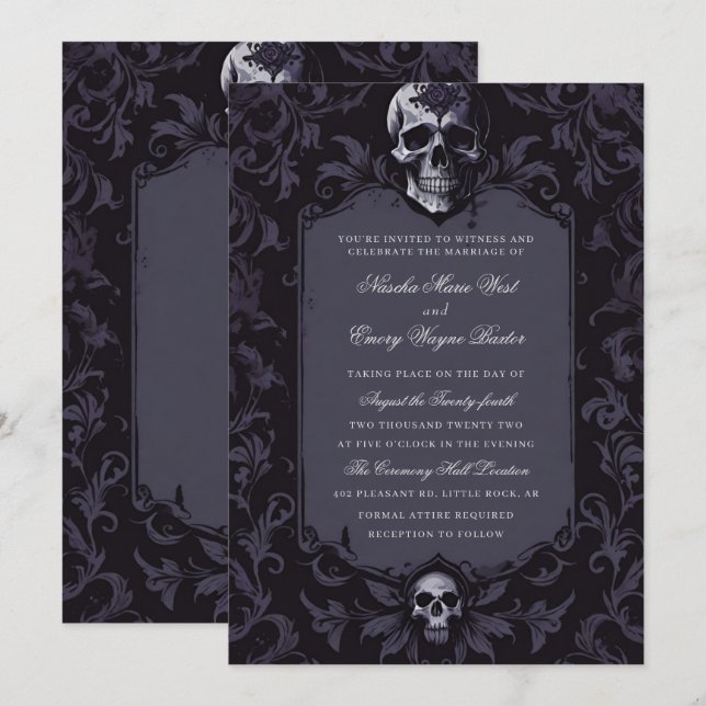 Invitación Dark Purple Gothic Boho Floral Skull Wedding (Anverso / Reverso)