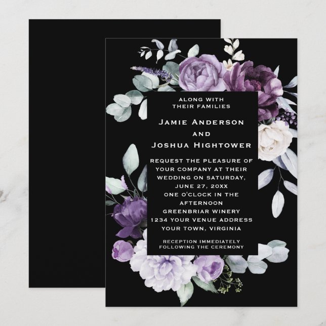 Invitación Dark Purple, Lavender, White Floral Black Wedding (Anverso / Reverso)