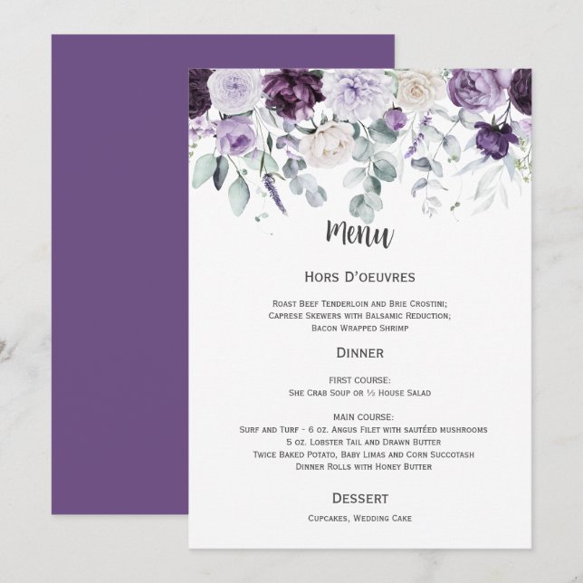 Invitación Dark Purple, Lavender, White Wedding Menu (Anverso / Reverso)