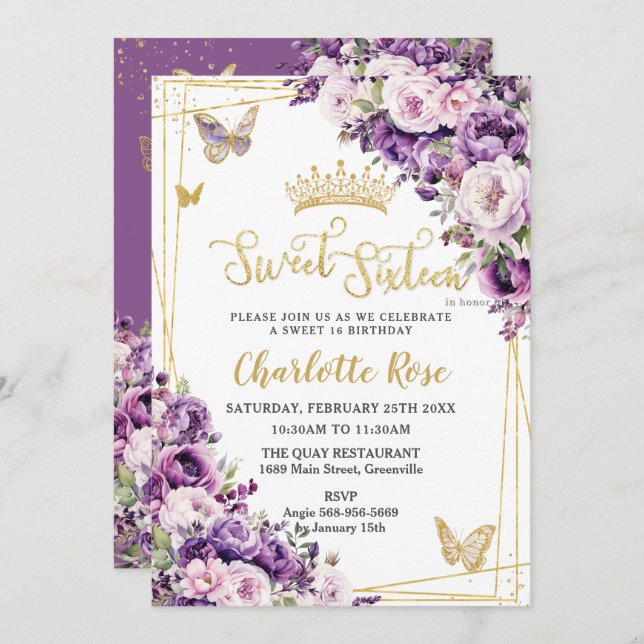 Invitación Dark Purple Lilac Blush Floral Roses Sweet 16 (Anverso / Reverso)