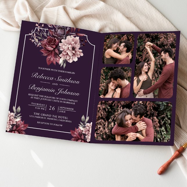 Invitación Dark Purple Moody Floral Frame QR Code Wedding (Subido por el creador)