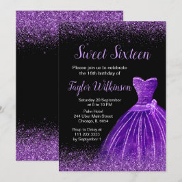 Invitación Dark Purple Vestido Faux Purpurina Dulce 16 Cumple