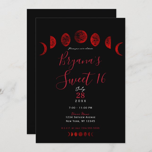 Invitación Dark Red Black Moon Phases Gótica Boda Sweet 16 (Anverso / Reverso)