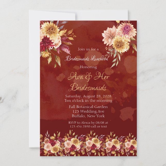 Invitación Dark Red Dahlia Flores Bridesmaids Luncheon (Anverso)