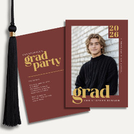 Invitación Dark Red Gold Modern Photo Graduation Party