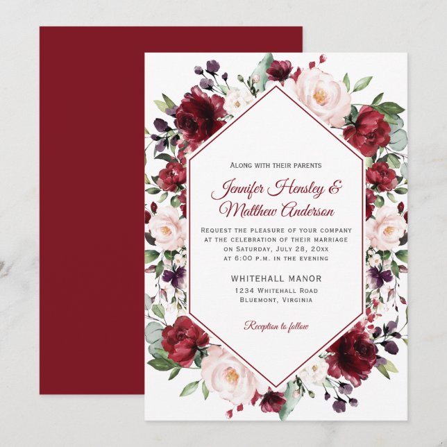 Invitación Dark Red Watercolor Floral Frame Winter Wedding (Anverso / Reverso)