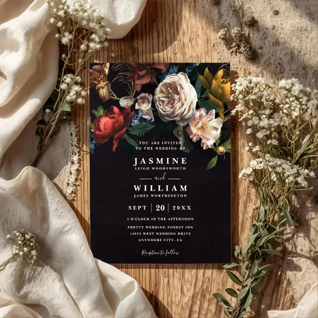 Invitación Dark Romantic Floral Dutch Chic QR Code Wedding (Subido por el creador)