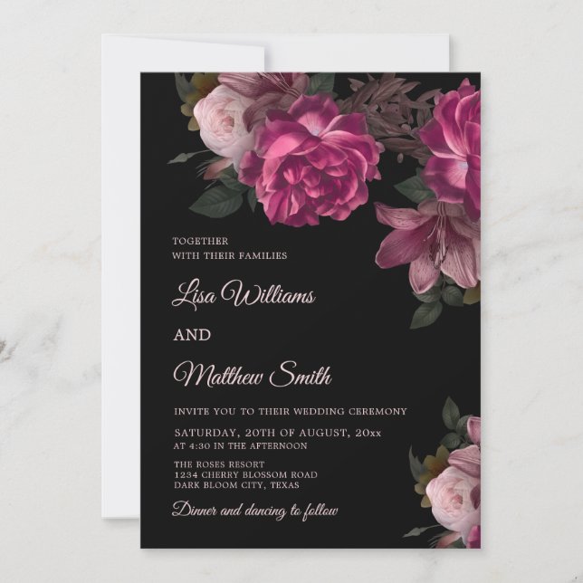 Invitación Dark Romantic Hand Drawn Roses Wedding (Anverso)