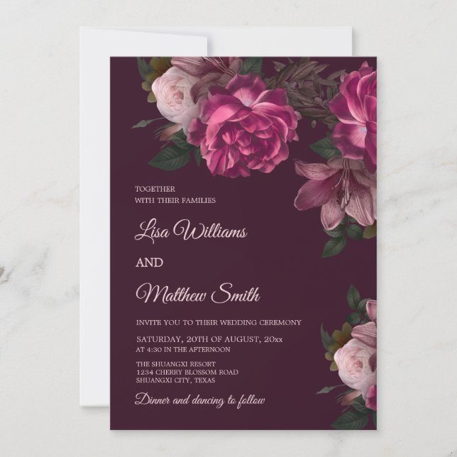 Invitación Dark Romantic Hand Drawn Roses Wedding (Anverso)