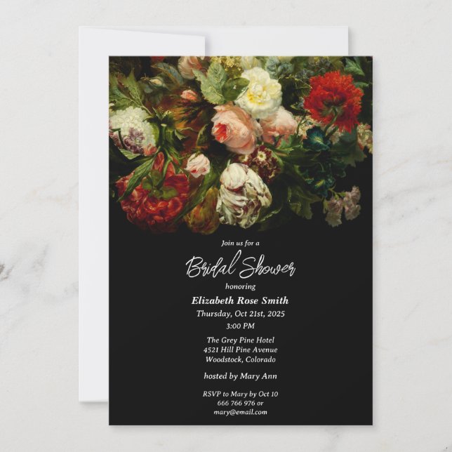 Invitación Dark romantic moody elegant floral Bridal Shower  (Anverso)