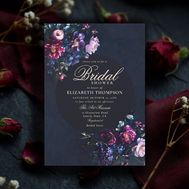 Invitación Dark Romantic Moody Florals Jewel Bridal Shower (jewel tone bridal shower invitation dark moody romantic gothic dutch painting navy blue emerald fuch)