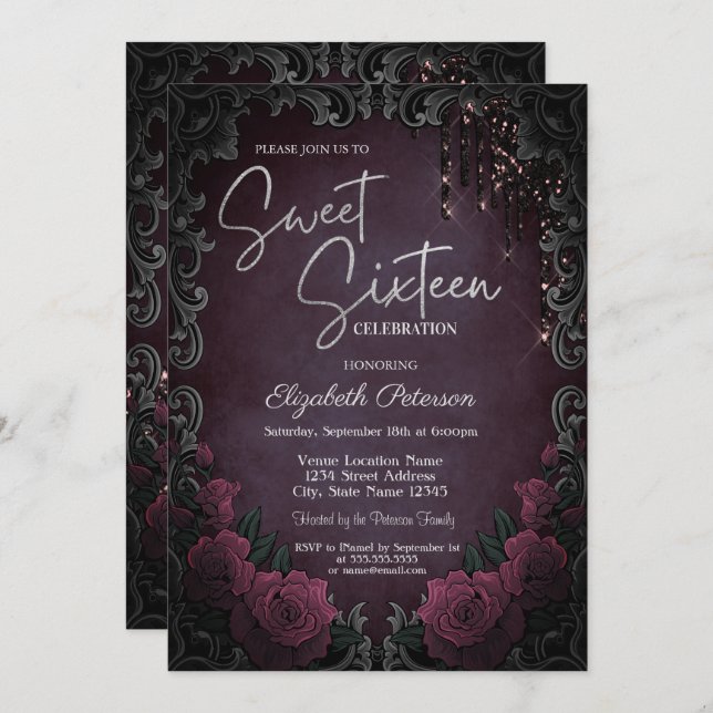 Invitación Dark Roses Frame Burgundy Glitter Drips Sweet 16  (Anverso / Reverso)