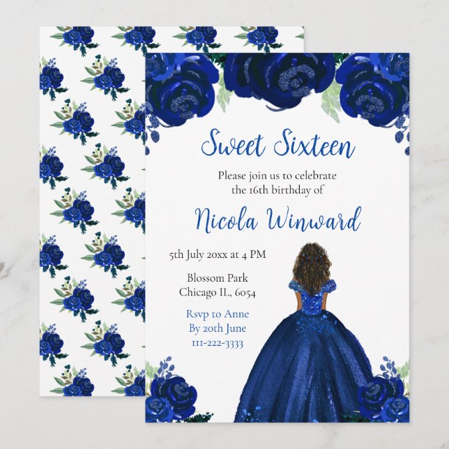 Invitación Dark Skin Princess Navy Floral Sweet Dieciséis (Anverso / Reverso)