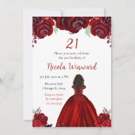 Invitación Dark Skin Princess Red Floral Birthday Party