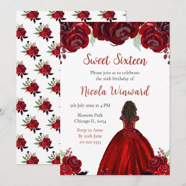Invitación Dark Skin Princess Red Floral Sweet Dieciséis (Anverso / Reverso)