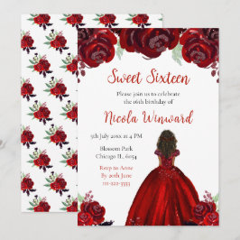 Invitación Dark Skin Princess Red Floral Sweet Dieciséis