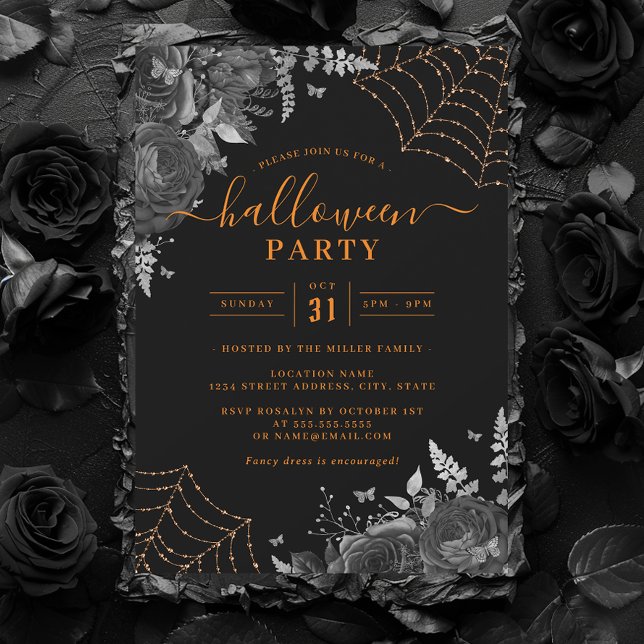 Invitación Dark Spooky Floral Cobwebs fiesta Naranja Hallowee (Subido por el creador)