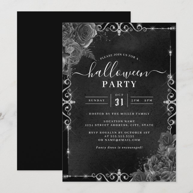 Invitación Dark Spooky Floral Jewel Halloween Party (Anverso / Reverso)