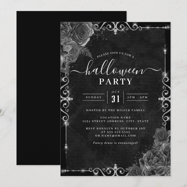 Invitación Dark Spooky Floral Rosa Fiesta Halloween (Anverso / Reverso)