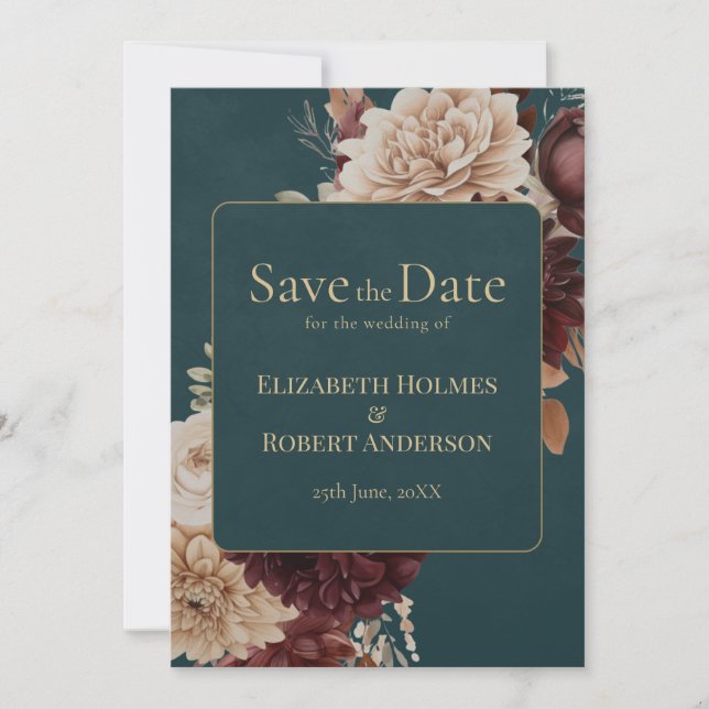 Invitación Dark Teal Floral Gothic Save the Date (Anverso)
