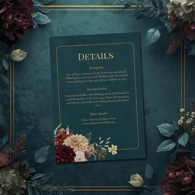 Invitación Dark Teal Floral Gothic Wedding Details Card (Dark Teal Floral Gothic Wedding Details Card on a teal wedding table with vintage flowers.)
