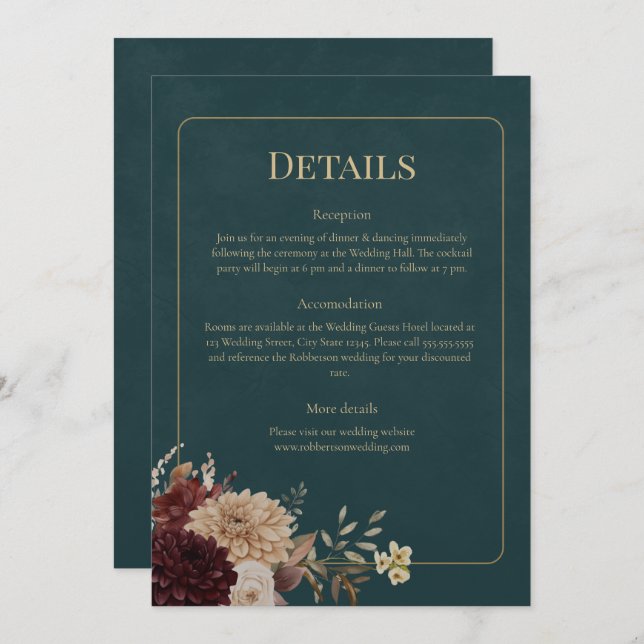 Invitación Dark Teal Floral Gothic Wedding Details Card (Anverso / Reverso)