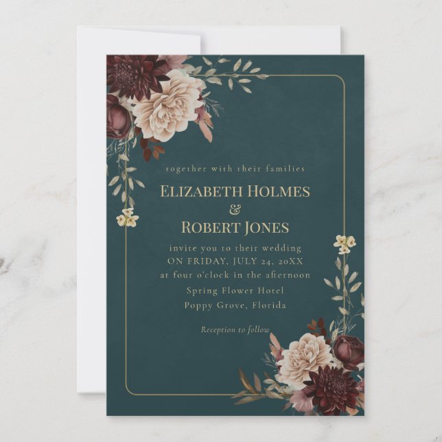 Invitación Dark Teal Floral Gothic Wedding Invitation (Anverso)
