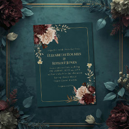 Invitación Dark Teal Floral Gothic Wedding Invitation