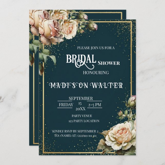 Invitación Dark Teal Rustic Rose Bridal Shower Invitation (Anverso / Reverso)