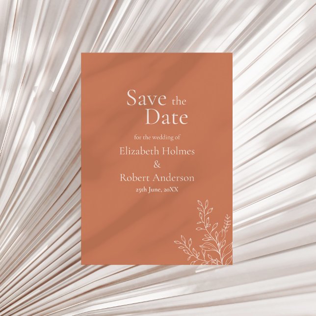 Invitación Dark Terracotta Botanical Save the Date (Dark Terracotta Botanical Save the Date Invitation on a sunny dry palm leaf.)