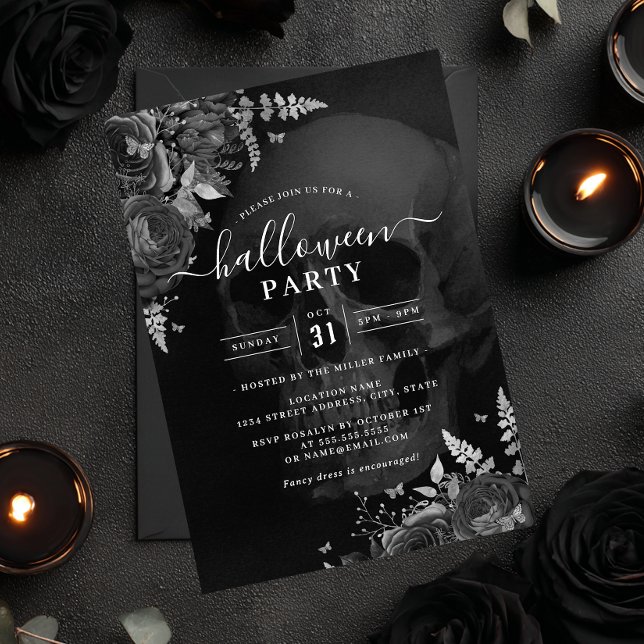 Invitación Dark Theme Skull Floral Halloween Party (Subido por el creador)