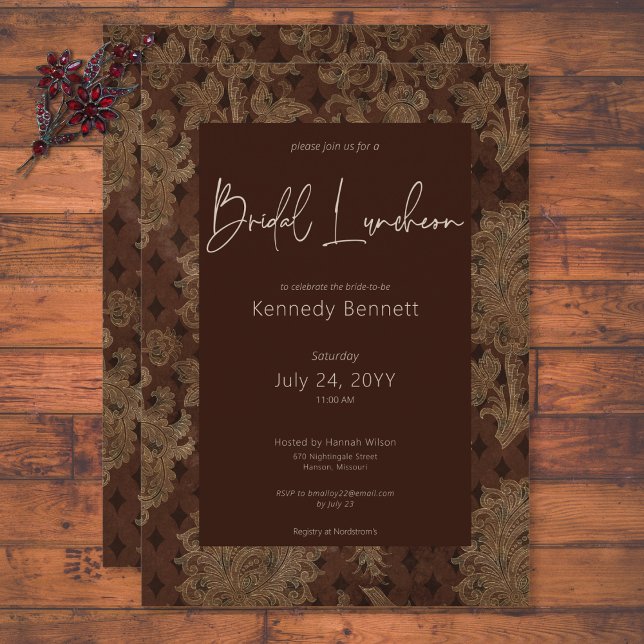 Invitación Dark Victorian Burgundy Damask Bridal Luncheon (Dark Victorian Burgundy Damask Bridal Luncheon Invitation)