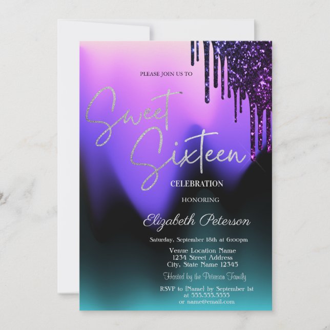 Invitación Dark Violet Glitter Drips,Ombre Sweet 16  (Anverso)
