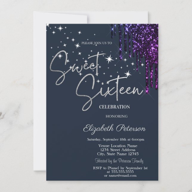 Invitación Dark Violet Glitter Drips, Stars Blue Sweet 16  (Anverso)